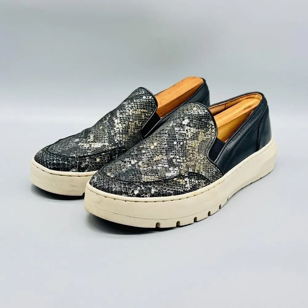 Vionic Shoes Womens 7 Black Leather Snake Print Dinora Boa NBK Slip On Platform